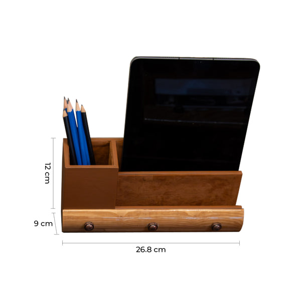 Wood Leather Desk Organiser | Color - Beige Brown