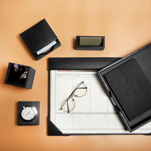 Desktop Planner Set II | Office Table Accessories | Embossed Genuine Leather | Color- Brick Black