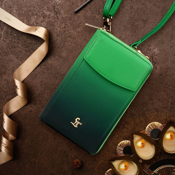 Luxury Corporate Diwali Gift | Ombre Collection - Leather Wallet for Women | Genuine Leather Mobile Pouch | Luxury Crossbody Bag | Color: Green