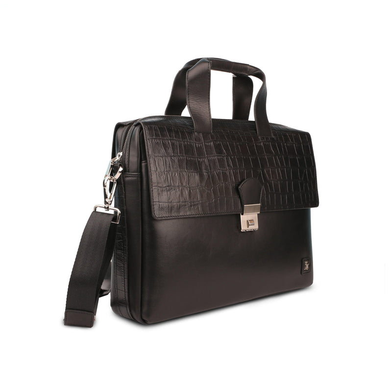Ruvido Ii | Leather Portfolio Bag | 100% Genuine Leather | For Office Use | Colour - Black