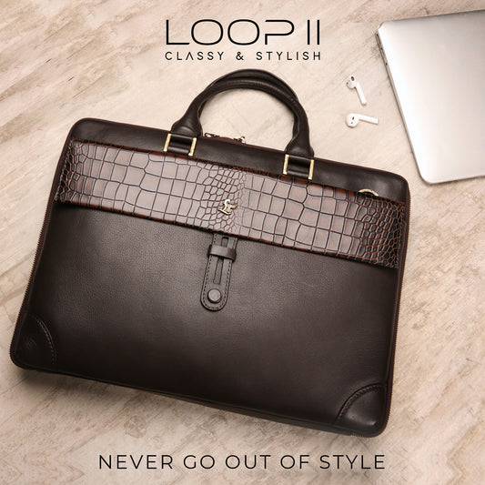 Deepcut Croco Loop II | Genuine Leather Laptop Bag for Men | Folio Bag | Office Bag |Black & Brown