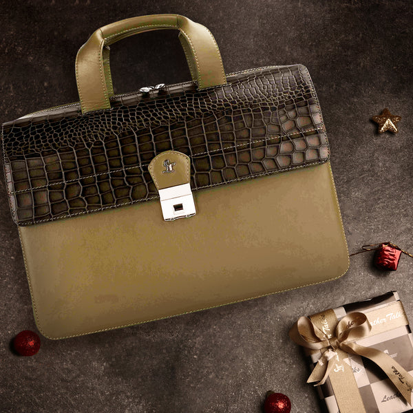 Corporate New Year Gift | Ruvido II V 2.0 | Luxury Leather Laptop/ Office Bag For Men | Fits 15.5 in” Laptop | Color: Olive Green