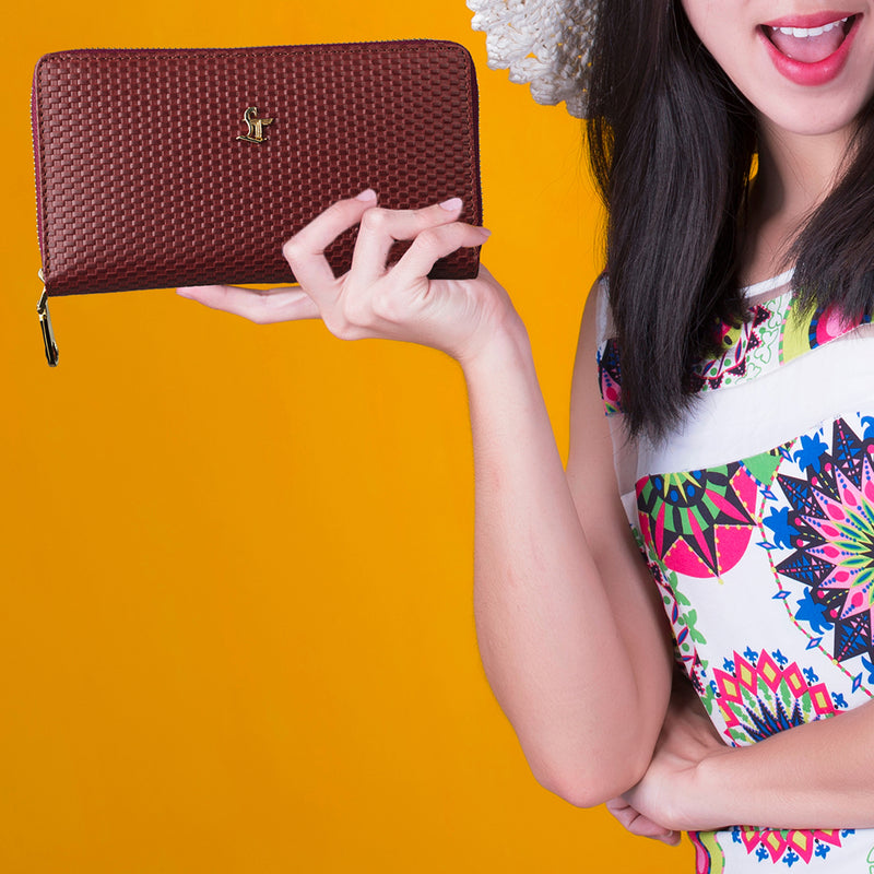 Palm II | Brick Leather Wallet for Women | 100% Genuine Leather | Color: Cherry